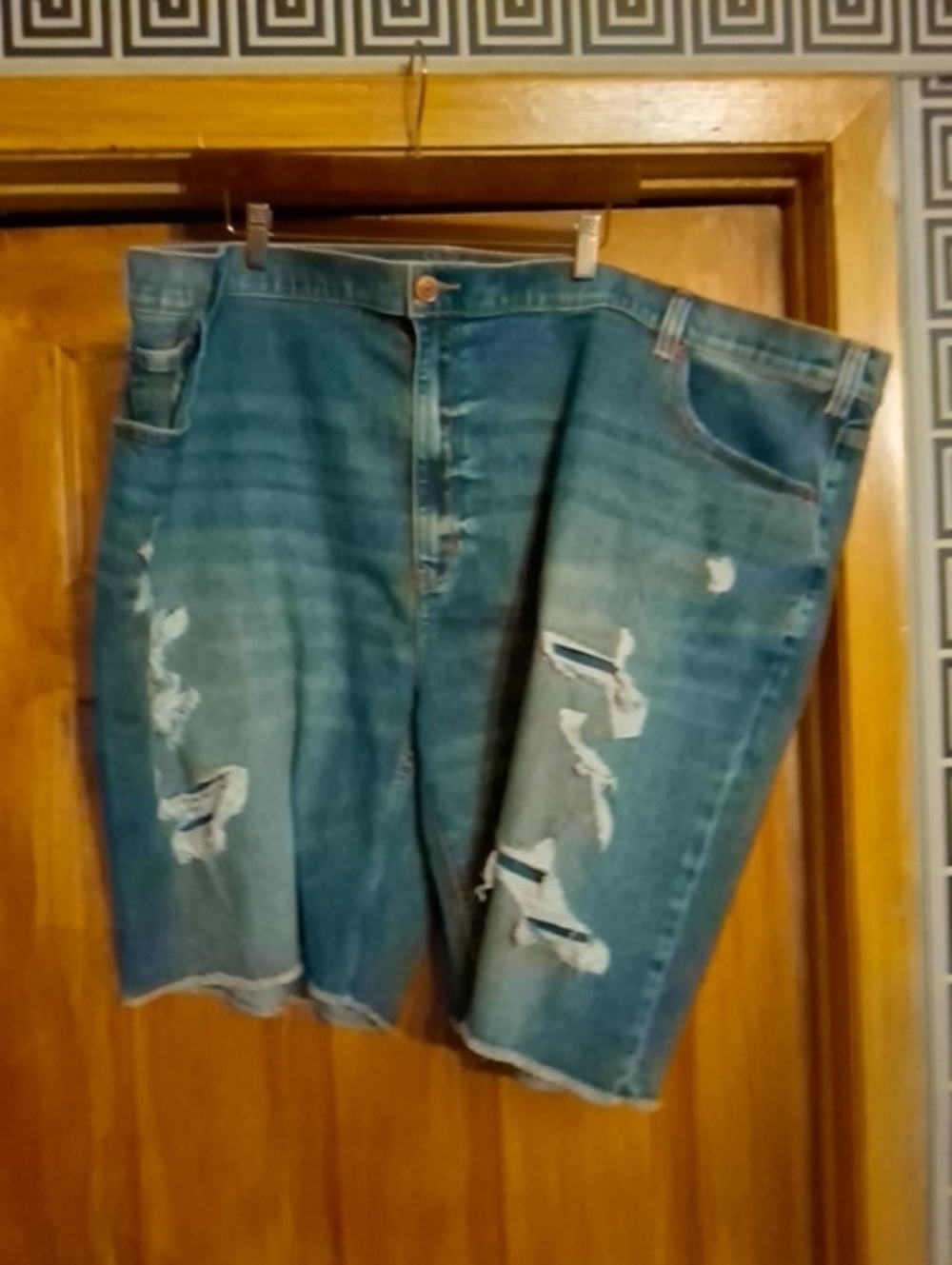Blue Denim Shorts with Frayed Waistband